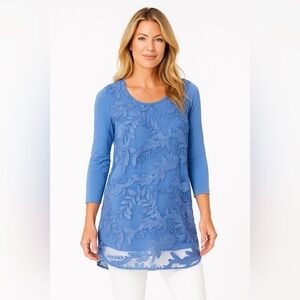 Soft Surroundings Adele Silk Overlay Tunic Top Long Blue floral Embroidered M